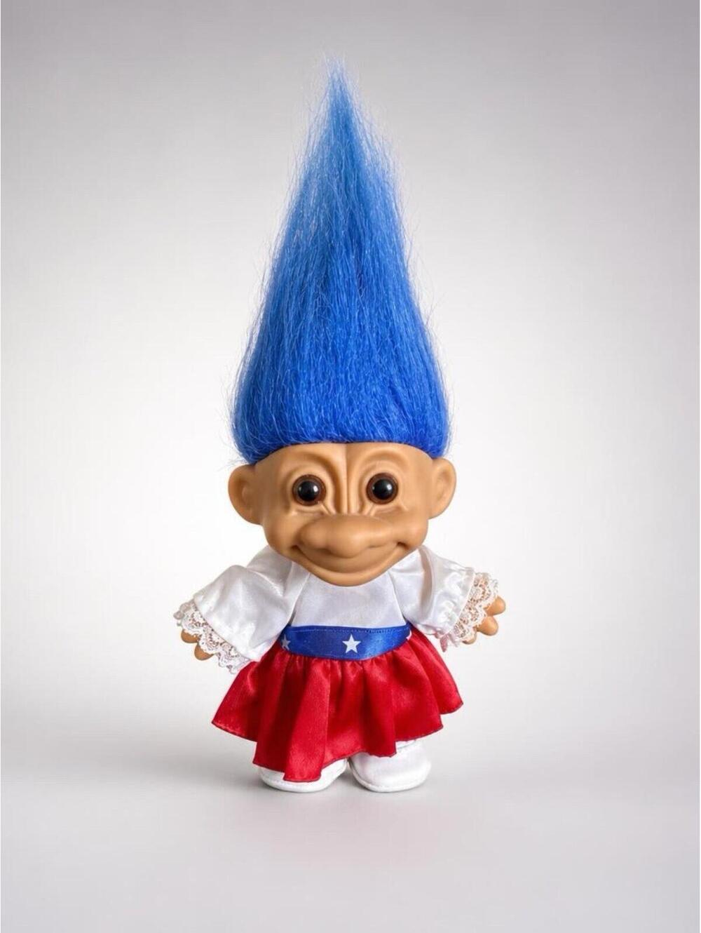 Vintage Russ Blue Hair Troll Doll in Patriotic Dress